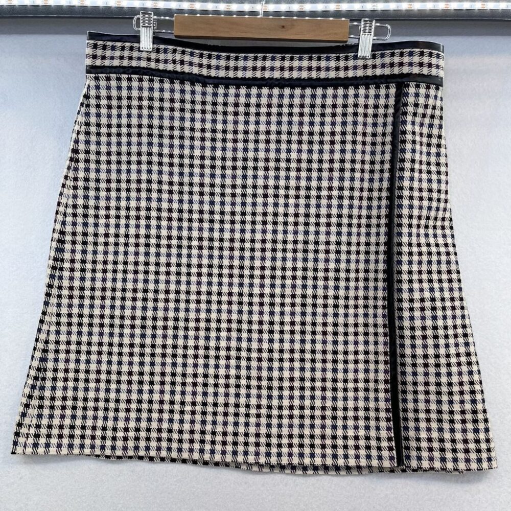 Ann Taylor faux wrap A-line houndstooth plaid faux leather trim skirt womens 16